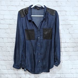 The Kooples Denim Shirt W/Lambskin Leather Pockets